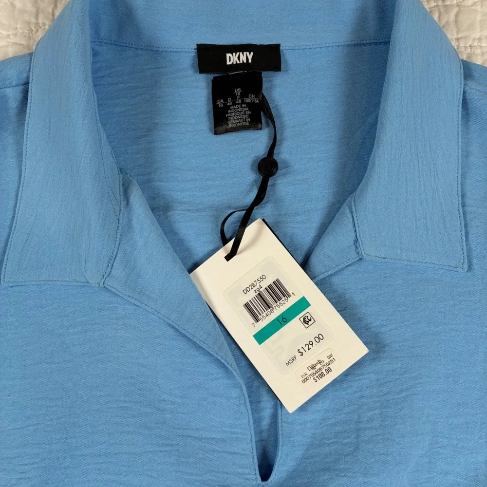 NEW DKNY Midi Dress 16 Blue Short Sleeve Belt V-Neck Collar Preppy Cottage Flowy
